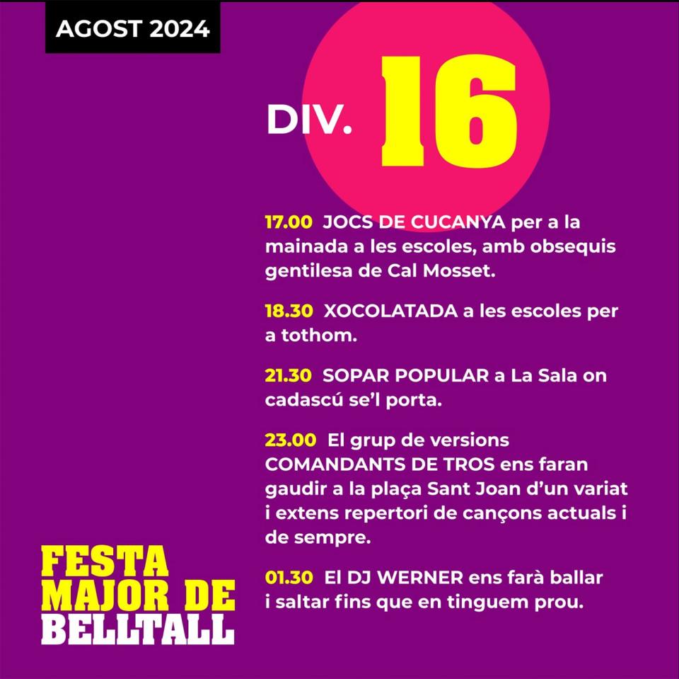 programa dia 16 Festa Major de Belltall 2024 - Belltall